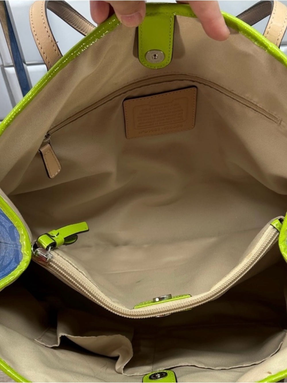 Coach Blue Signature Tote with Lime Center Stripe and Beige Trim - Picture 3 of 14